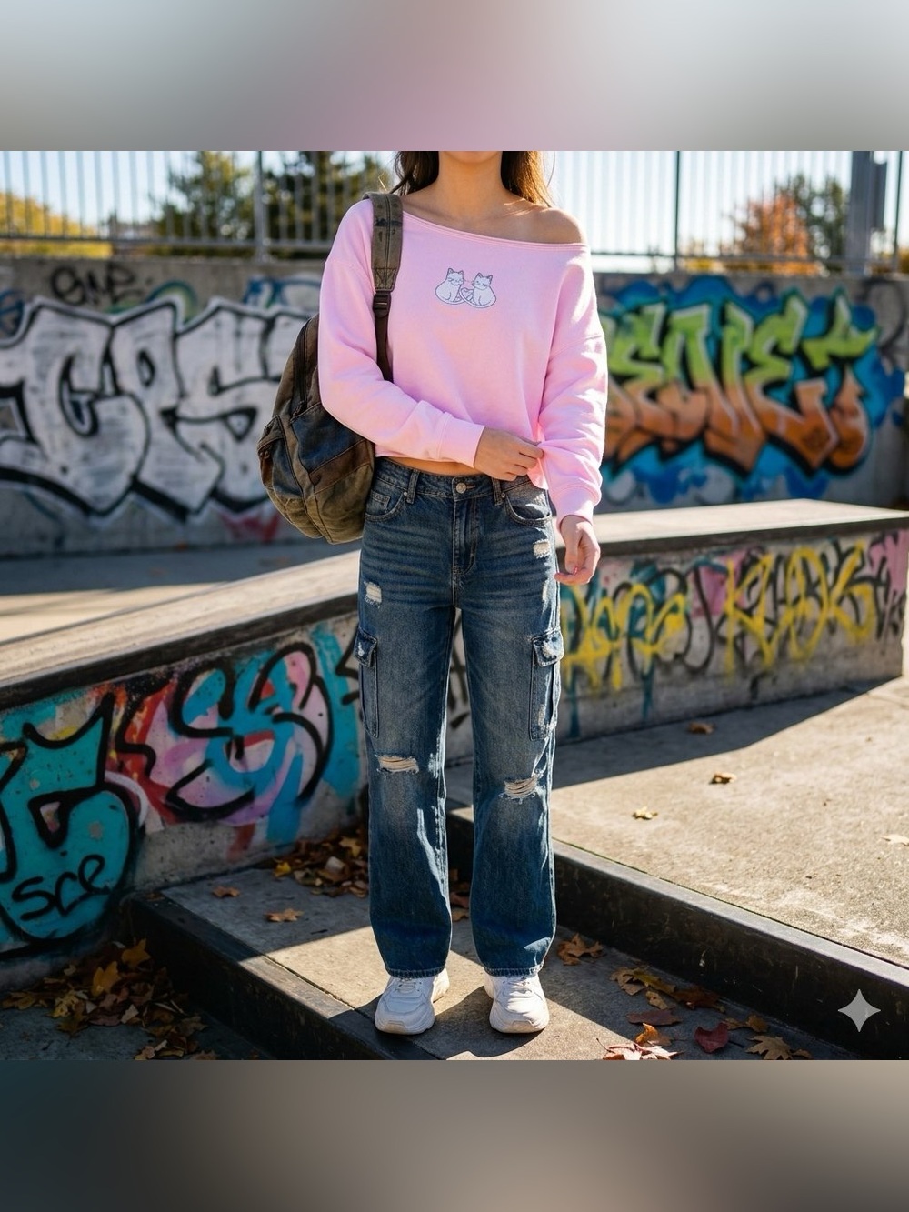 Hollister Co Pink Slouchy Cropped Cat Embroidered Sweatshirt M